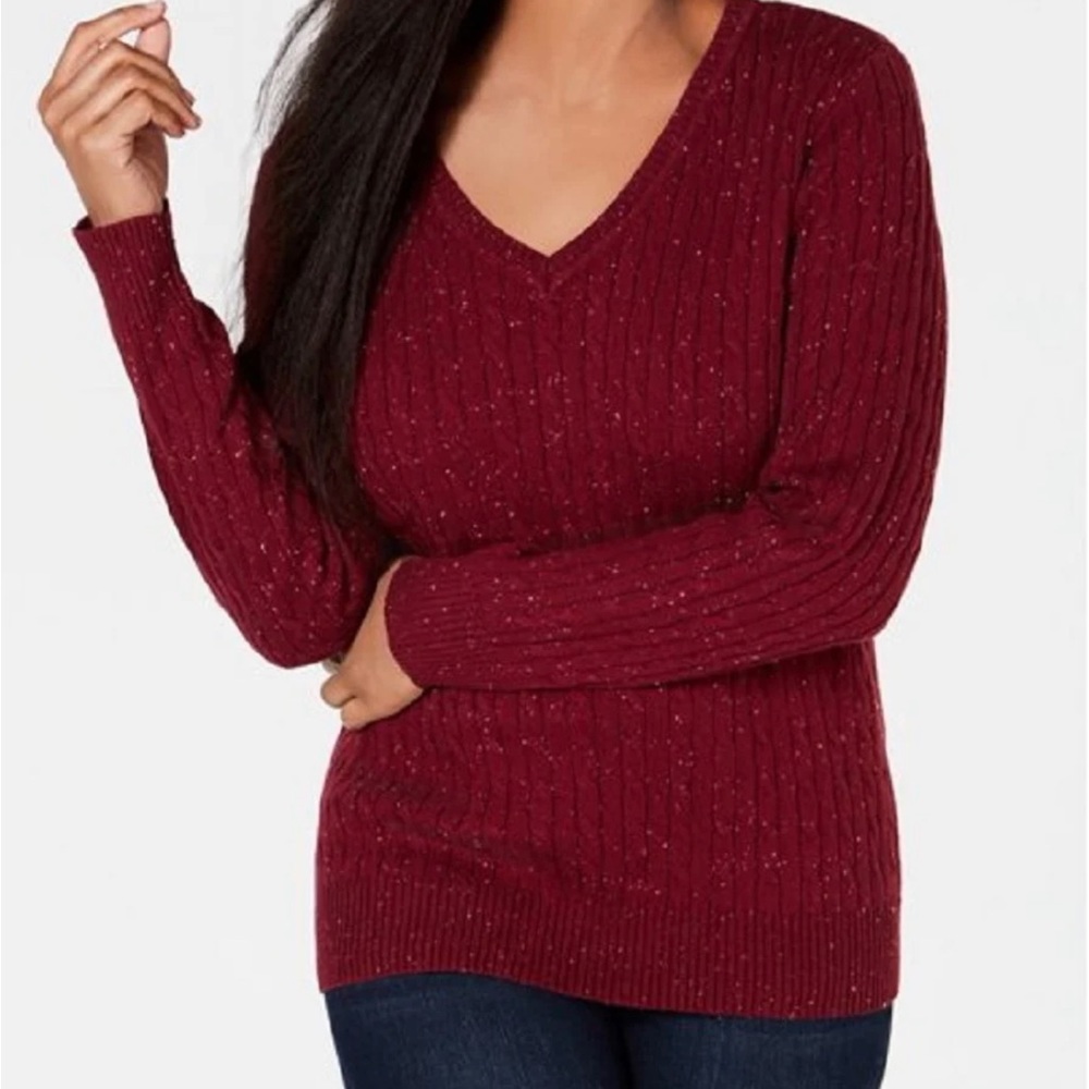 Karen Scott Women’s Petite Cable Knit V-neck Sweater